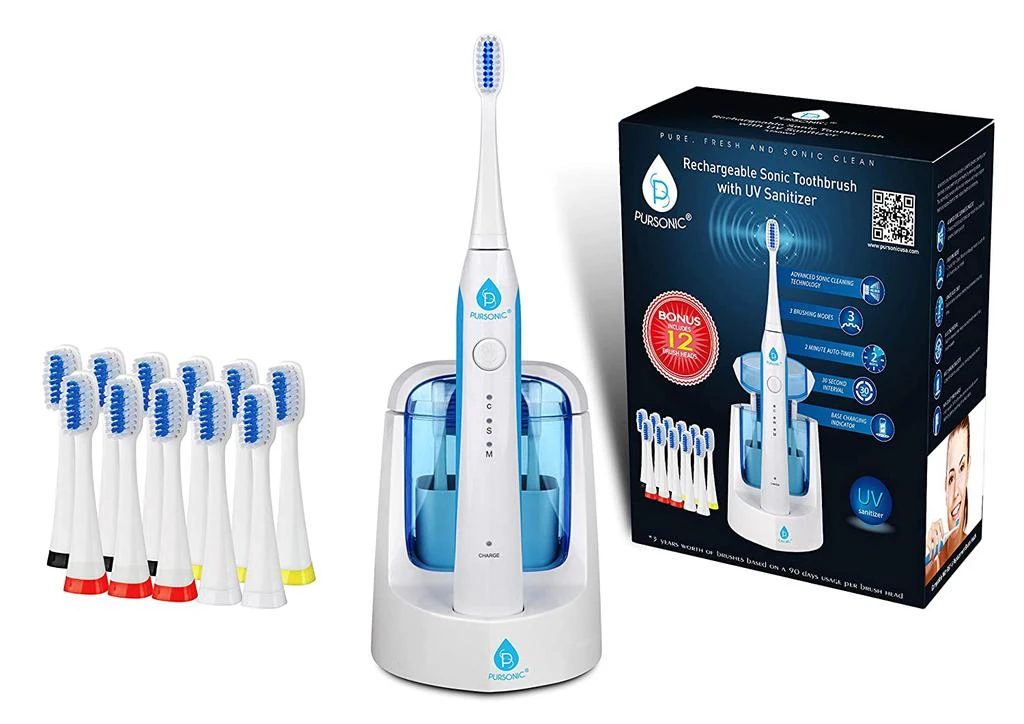 PURSONIC Sonic SmartSeries Electronic Power Rechargeable Battery Toothbrush with UV Sanitizing Function,  Includes 12 Brush Heads,WHITE 1