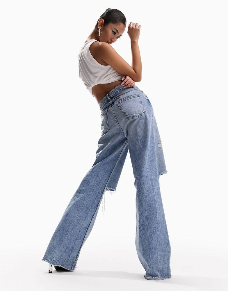 ASOS ASOS DESIGN wide leg dad jeans with rips in mid blue 2