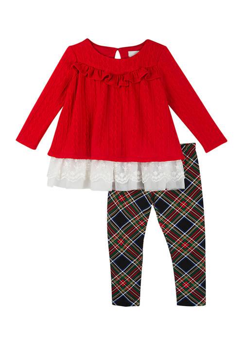 Rare Editions Editions Baby Girls Ruffle Crochet Top And Plaid Leggings Set