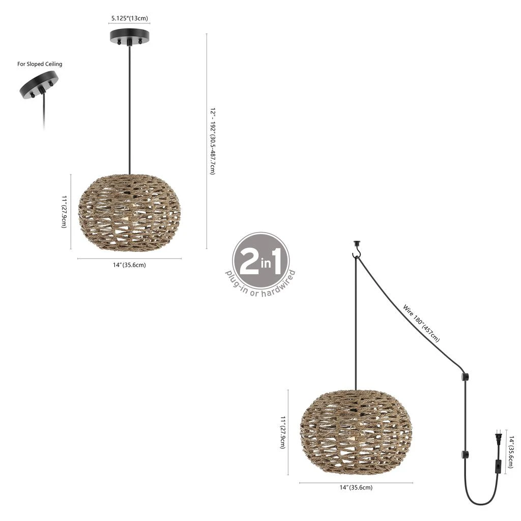 JONATHAN Y Isla 14" 1-Light Farmhouse Coastal Rattan 180" Cord Plug-In or Hardwired LED Pendant 5