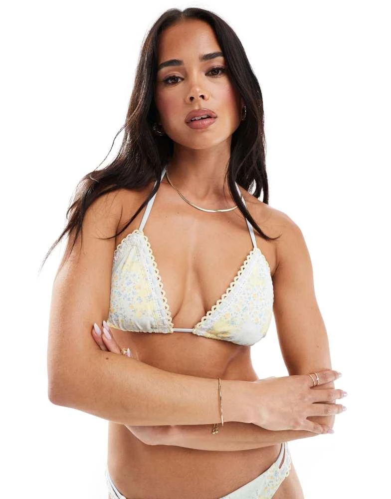 HOLLISTER Hollister crochet & print mix string bikini top co-ord in yellow floral print 2