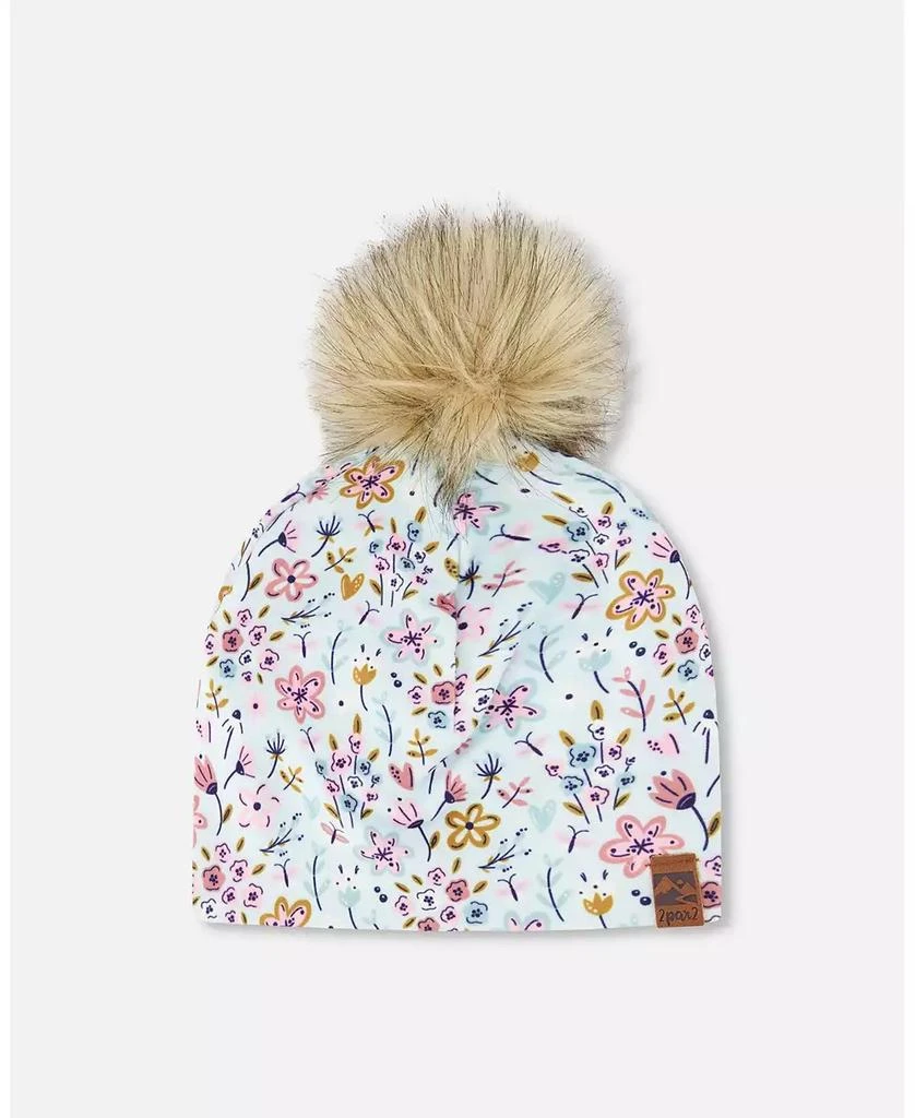 Deux par Deux Baby Girls Stretch Jersey Hat Blue Mini Flower Print with Pompom