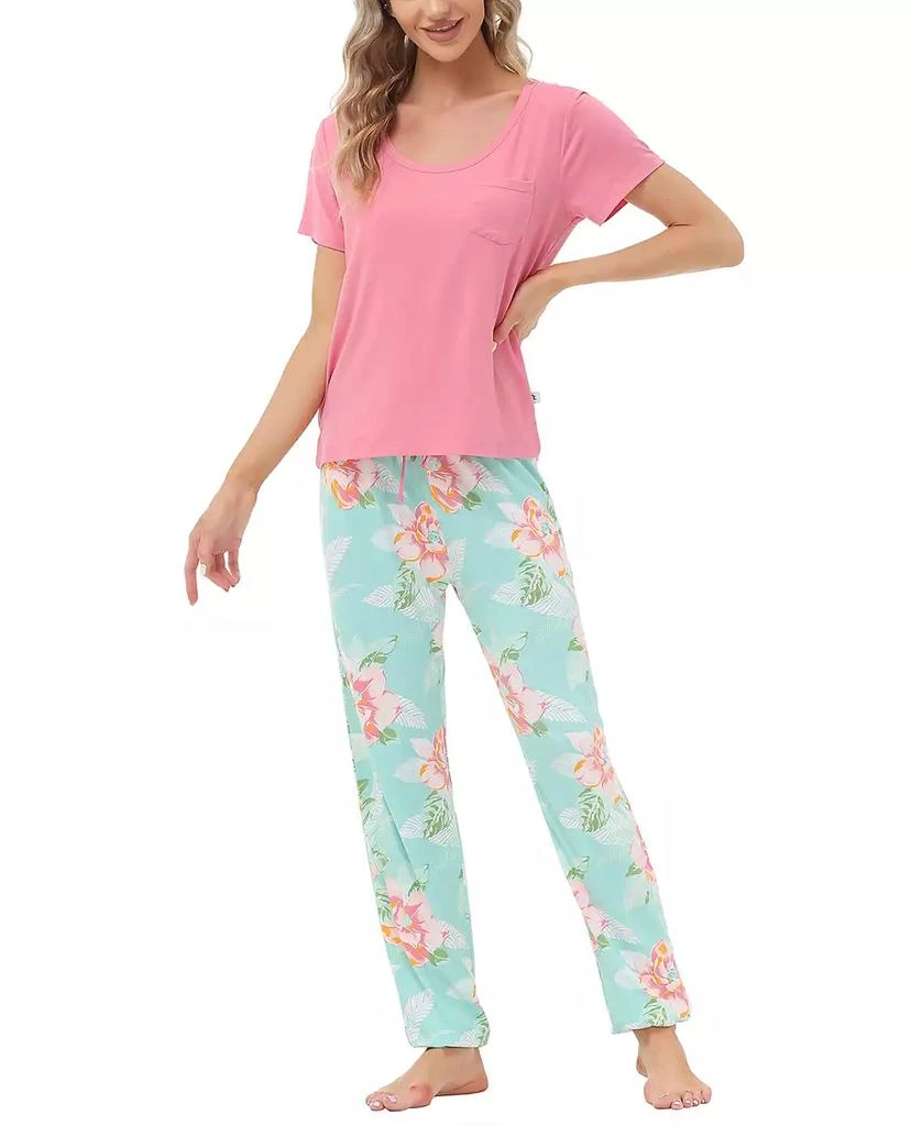 Echo Design Women's Short Sleeve Pocket T-Shirt with Printed Jogger Pants 2 Piece Pajama Set 3