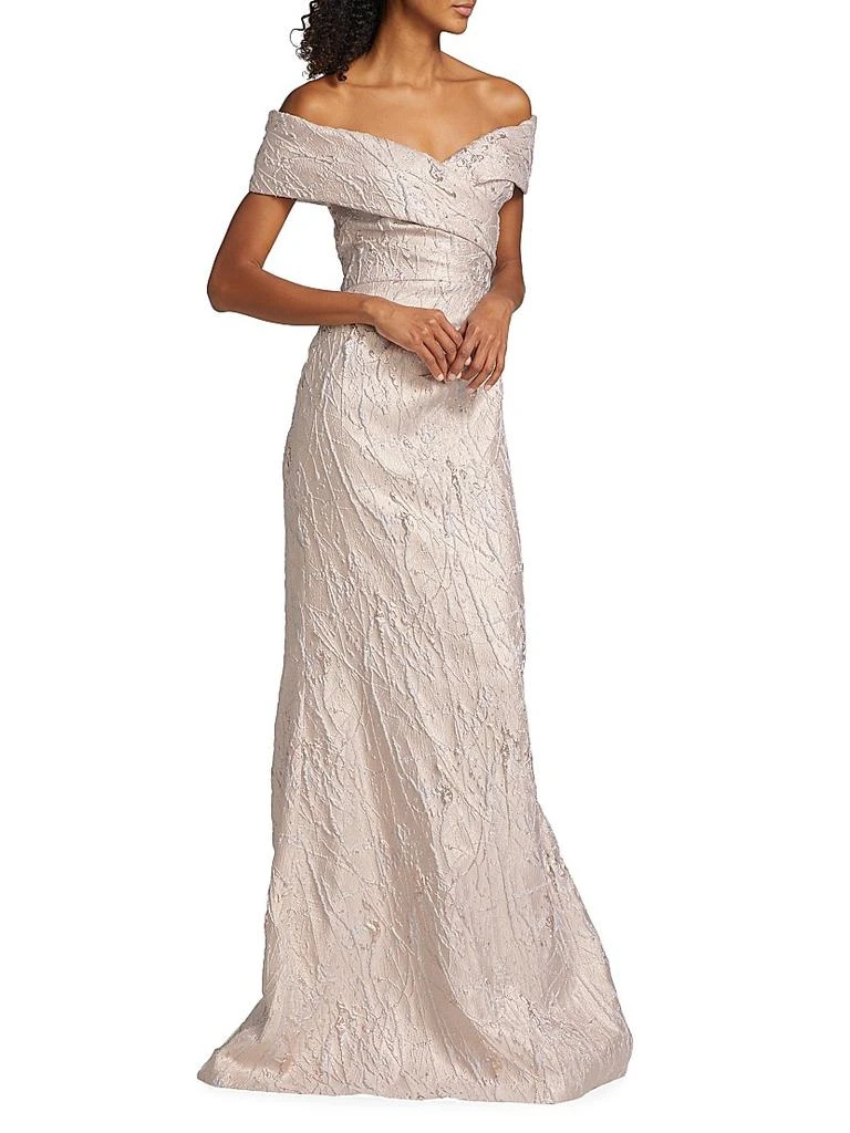 Teri Jon Metallic Jacquard Off-The-Shoulder Gown Dresses
