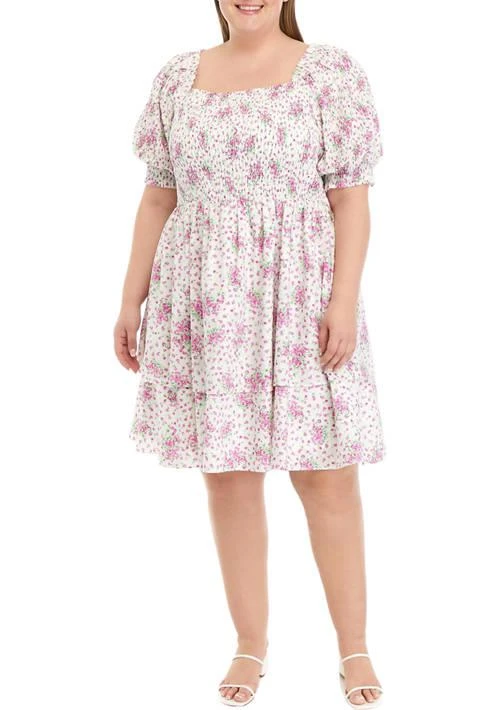 English Factory Factory Plus Size Printed Tiered Smocked Square Neck Mini Dress 1
