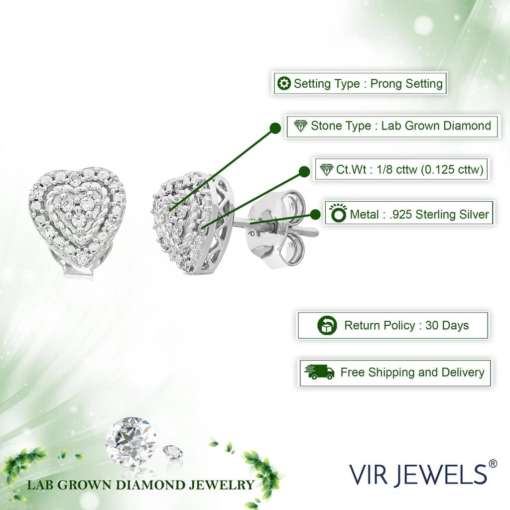 Vir Jewels 1/8 cttw 18 Stones Round Lab Grown Diamond Studs Earrings .925 Sterling Silver Prong Set Heart Shape 3