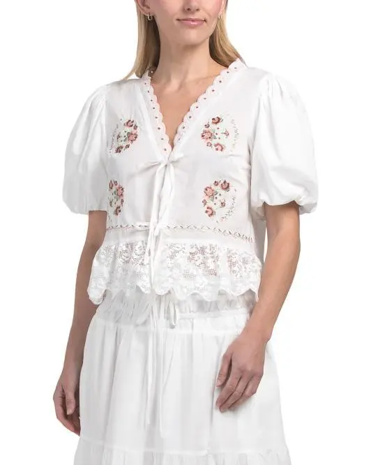 Moon River Puff Sleeve Tie Front Scallop Embroidered Top