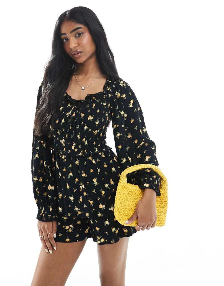 Miss Selfridge Miss Selfridge long sleeve floral playsuit in black 1
