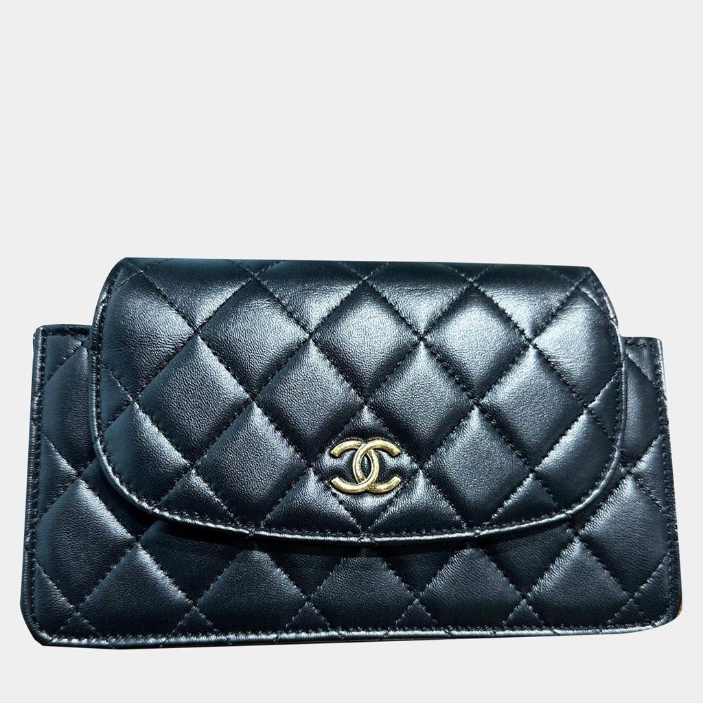 Chanel Chanel Black Gold Lambskin Leather Woc 22K Double Chain Large Phone Bag