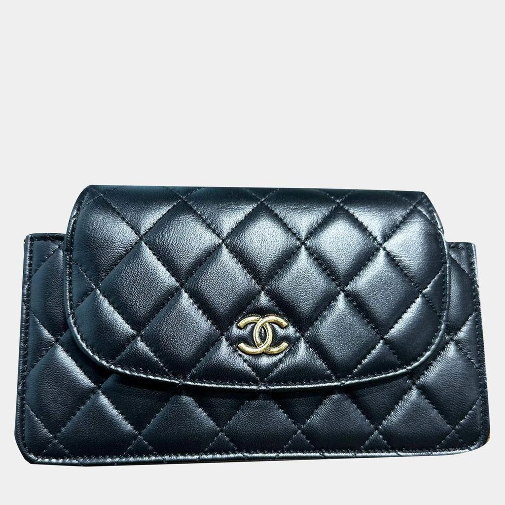 Chanel Chanel Black Gold Lambskin Leather Double Chain Large Phone Bag 2