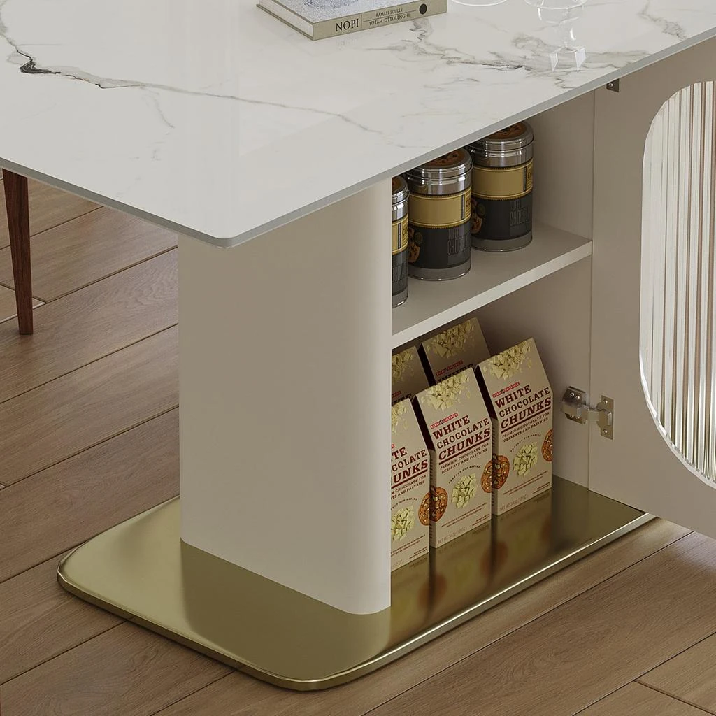 Streamdale Furniture Streamdale 63" Modern Dining Table Set, Burnt Stone Top, Gold Base, 6 White Chairs 2