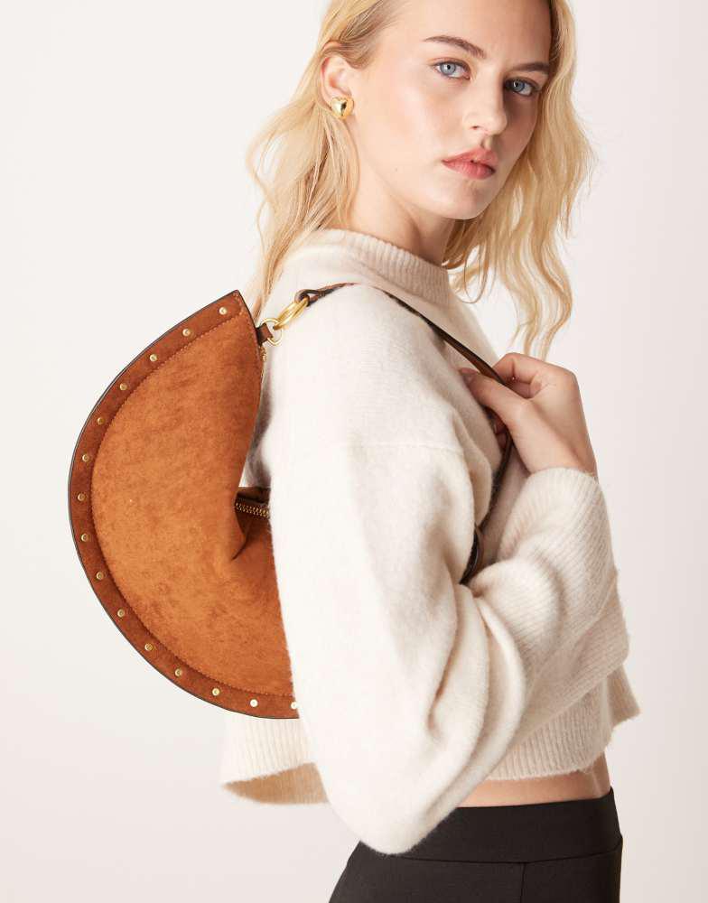 ASOS ASOS DESIGN faux suede scoop studded shoulder bag in tan