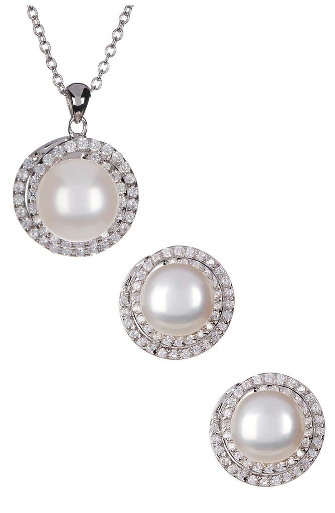 Splendid Pearls 8.5-9mm Cultured Freshwater Pearl Double Halo Pendant Necklace & Earrings Set