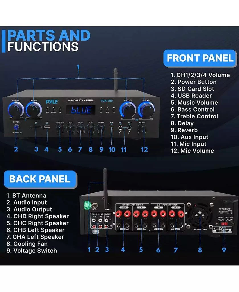 Pyle Wireless Bluetooth Streaming Stereo Amplifier Receiver With FM Radio, MP3/USB/SD/AUX Playback, 800 Watt 2