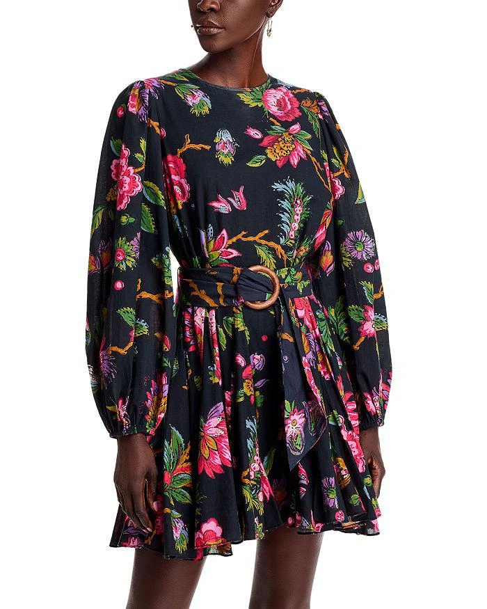 Women Red Floral Balloon Sleeve Short Dress