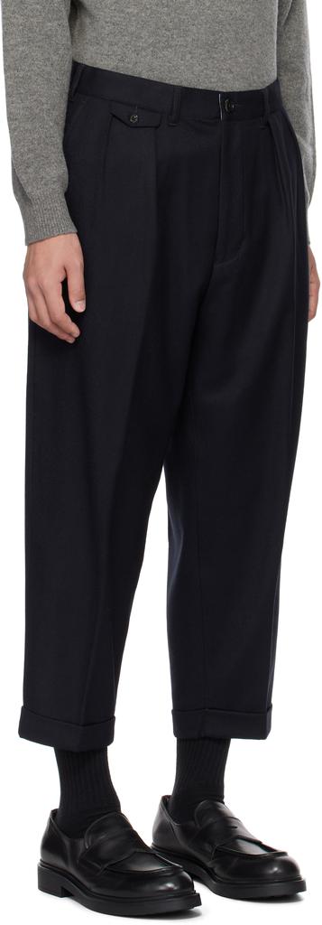 BEAMS PLUS Navy 2 Pleats Flannel Tapered Trousers