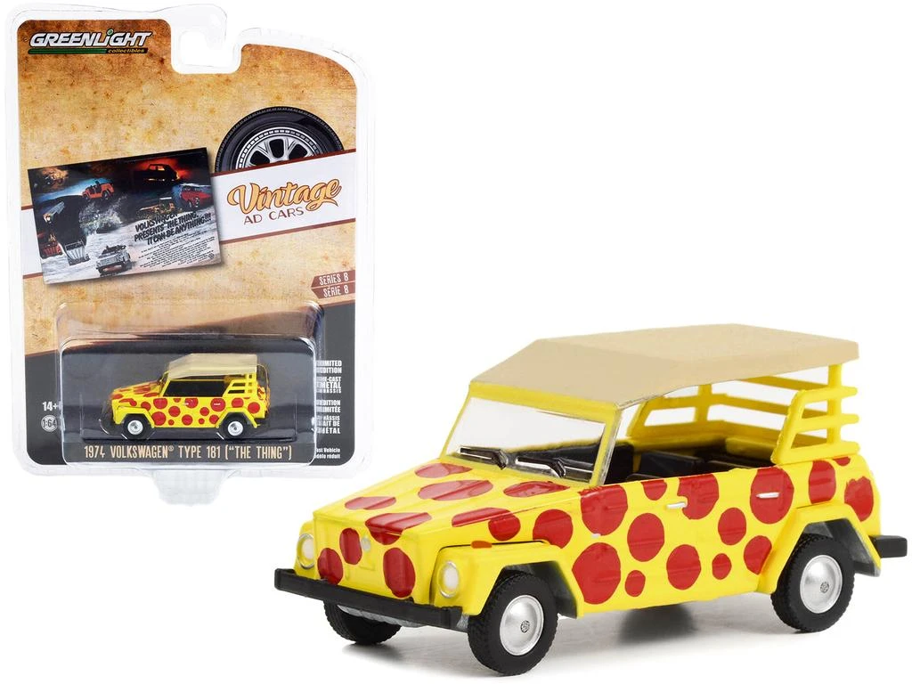 Diecast Model Greenlight 1974 Volkswagen Thing Type 181 Yellow with Red Polka Dots "Volkswagen Presents The Thing. It Can Be Anything!!!" "Vintage Ad Cars" Series 8 1/64 Diecast Model Car by Greenlight 1