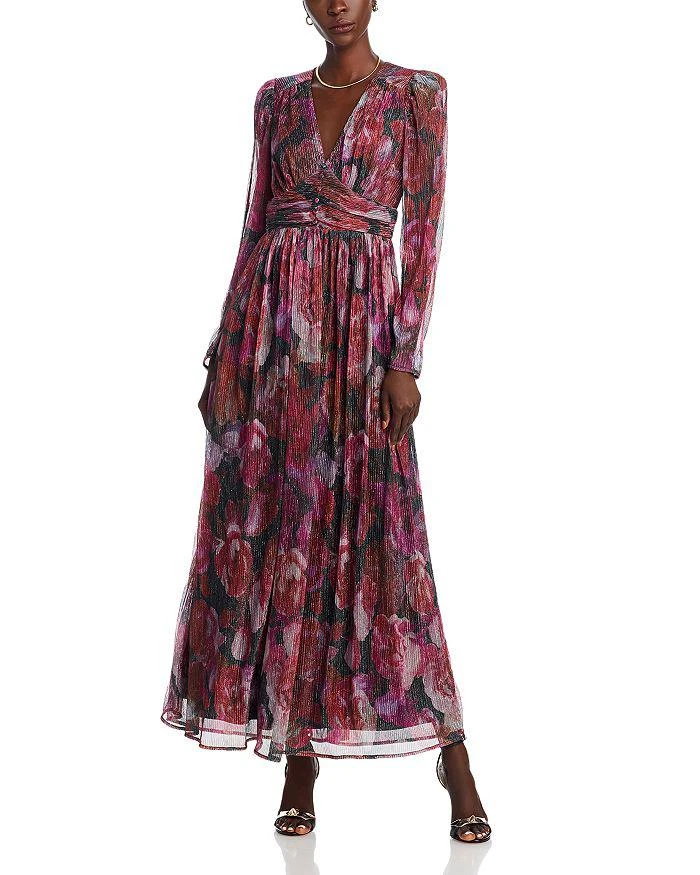 AQUA Floral Crinkle Metallic Long Sleeved Maxi Dress - Exclusive 1