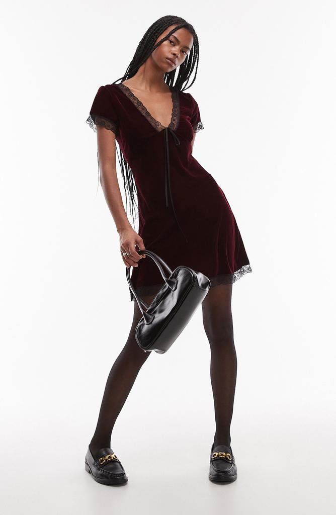 Topshop Lace Trim Velvet Minidress
