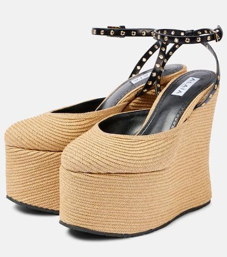Alaïa LA leather-trimmed paper straw wedges 3
