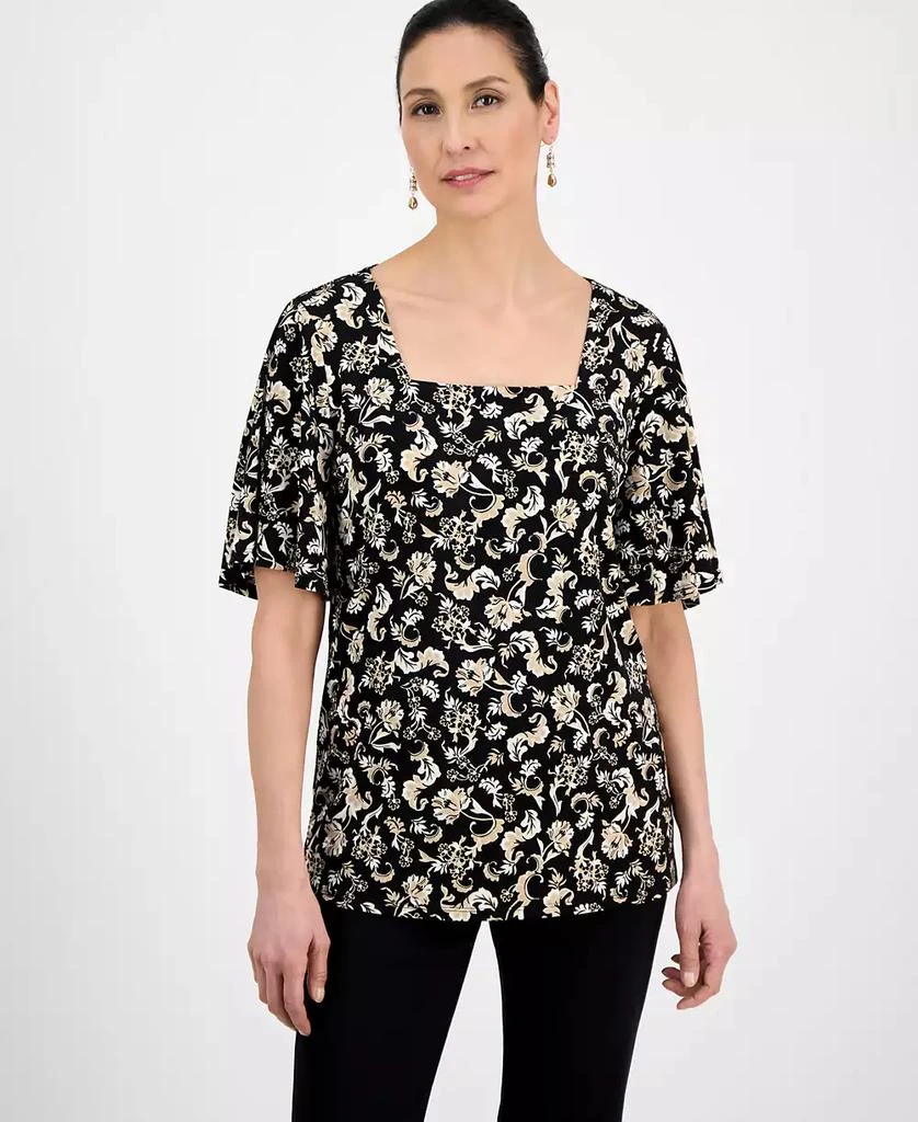 JM Collection Petite Floral-Print Flutter-Sleeve Top, Exclusively at Macy's 1