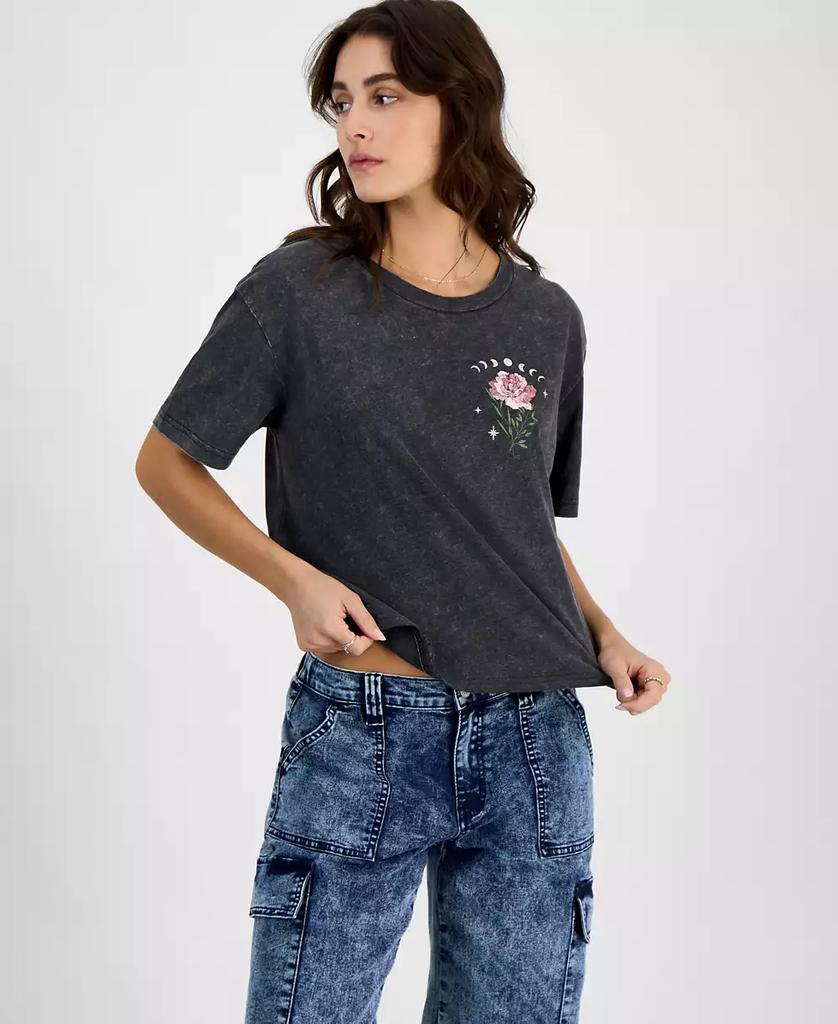 Rebellious One Juniors' Celestial Rose Mineral Wash Graphic T-Shirt