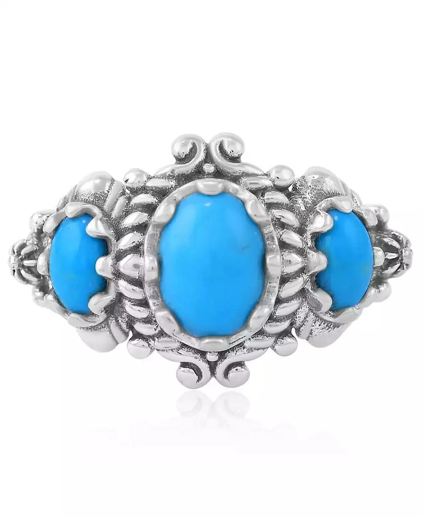 American West Jewelry Sterling Kingman Turquoise 3-Stone Oval Scalloped Bezel Ring, Sizes 5 to
