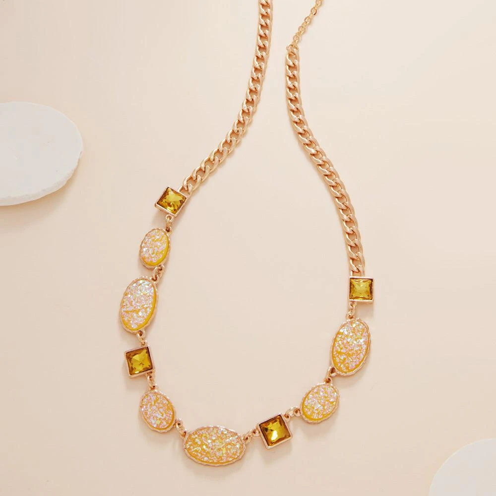 FASHNZFAB Oval Druzy Square Stone Cluster Station Necklace