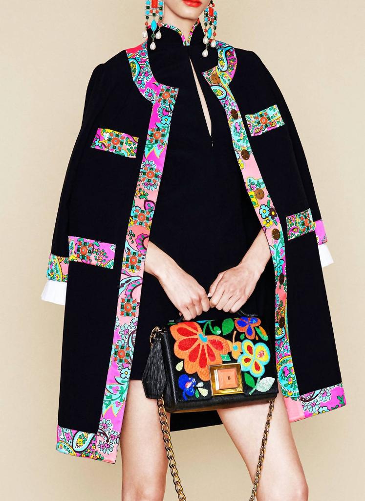 Andrew GN Long Crepe Jacket With Floral Trim In Black