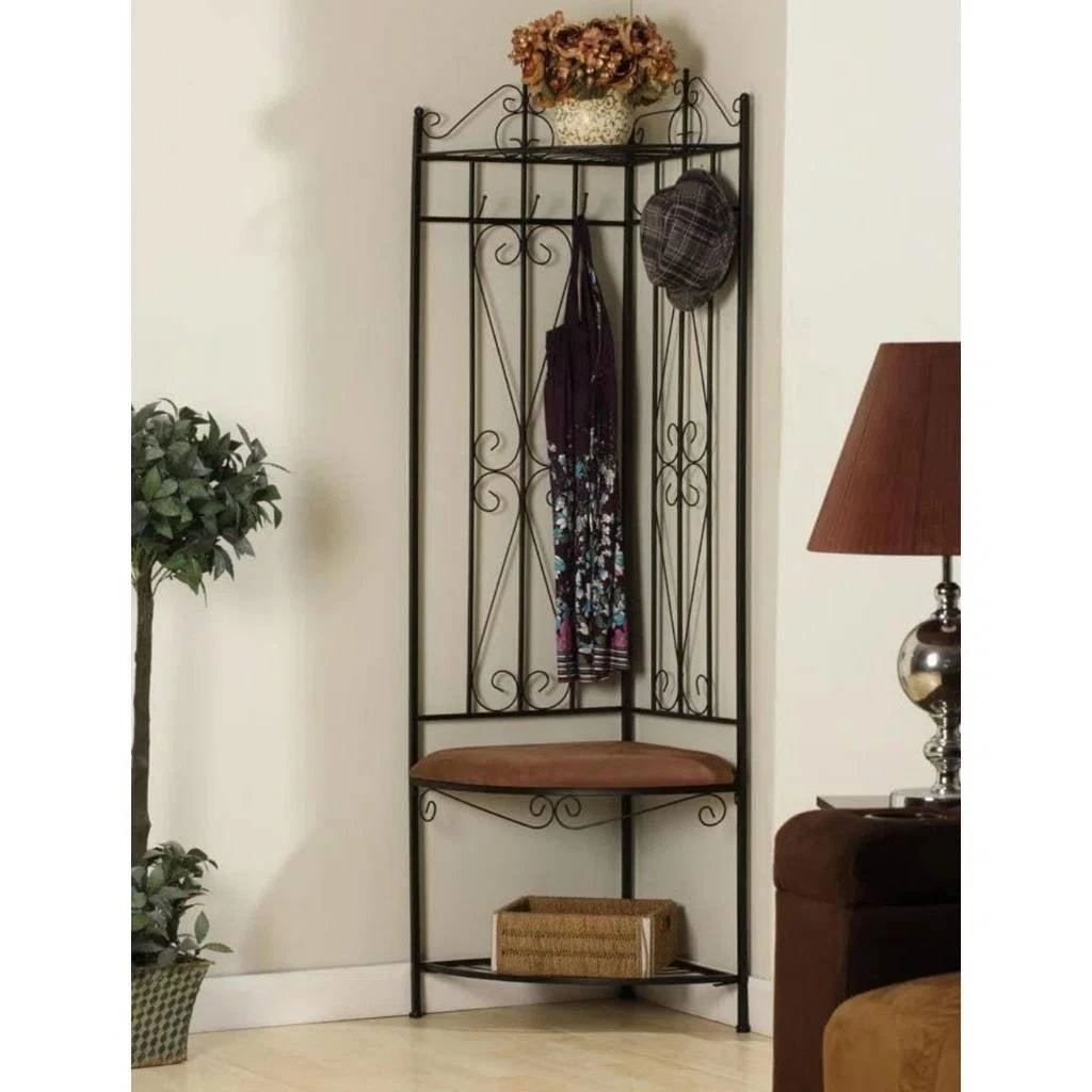Hivvago Black Metal Scrolling Corner Hall Tree Coat Rack Storage Bench