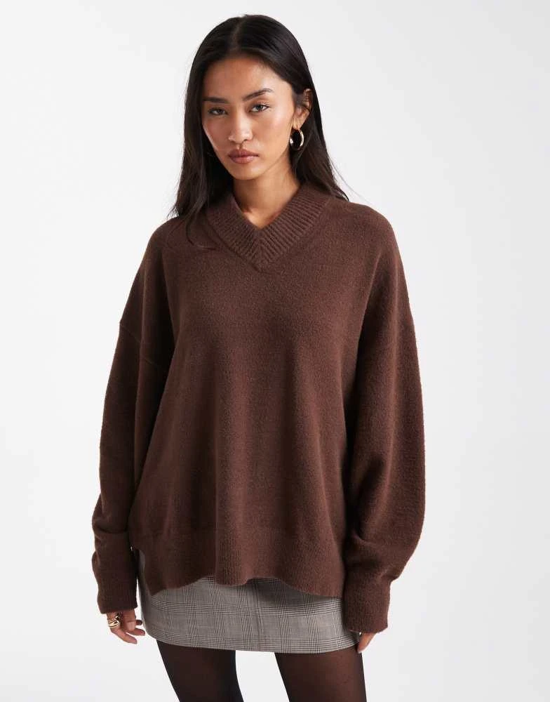 Shop ASOS DESIGN oversized super soft v neck jumper in chocolate