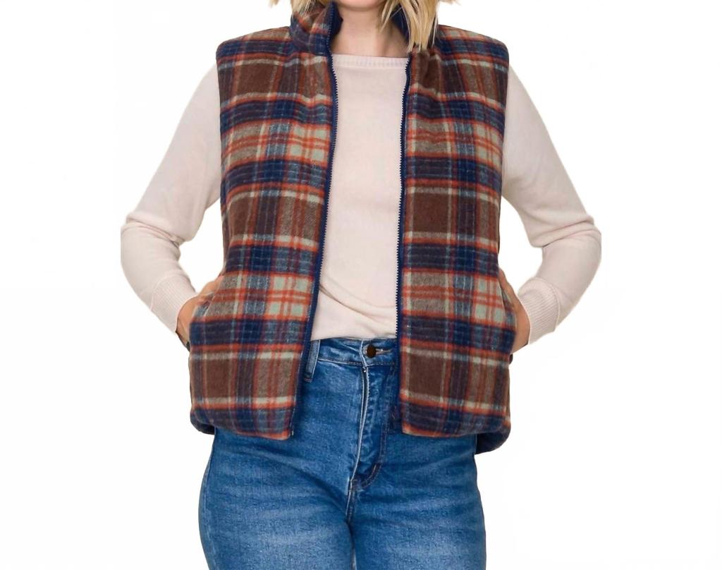 STACCATO Plaid Reversible Vest In Brown/blue