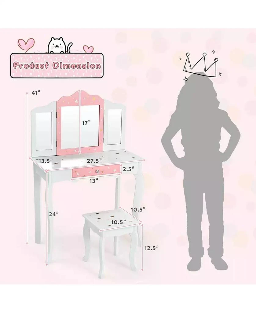 GOUUN Kids Princess Vanity Table and Stool Set with Tri-folding Mirror and Drawer 3