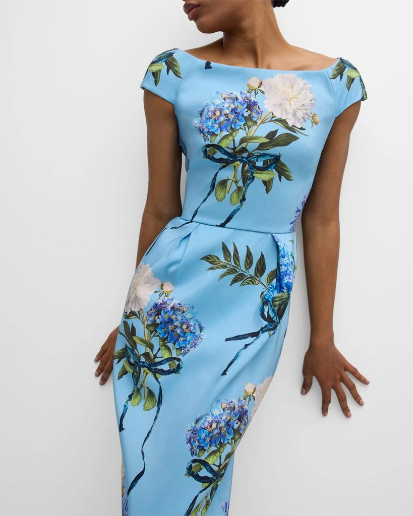 Monique Lhuillier Hydrangea-Print Cap-Sleeve Faille Column Gown 7