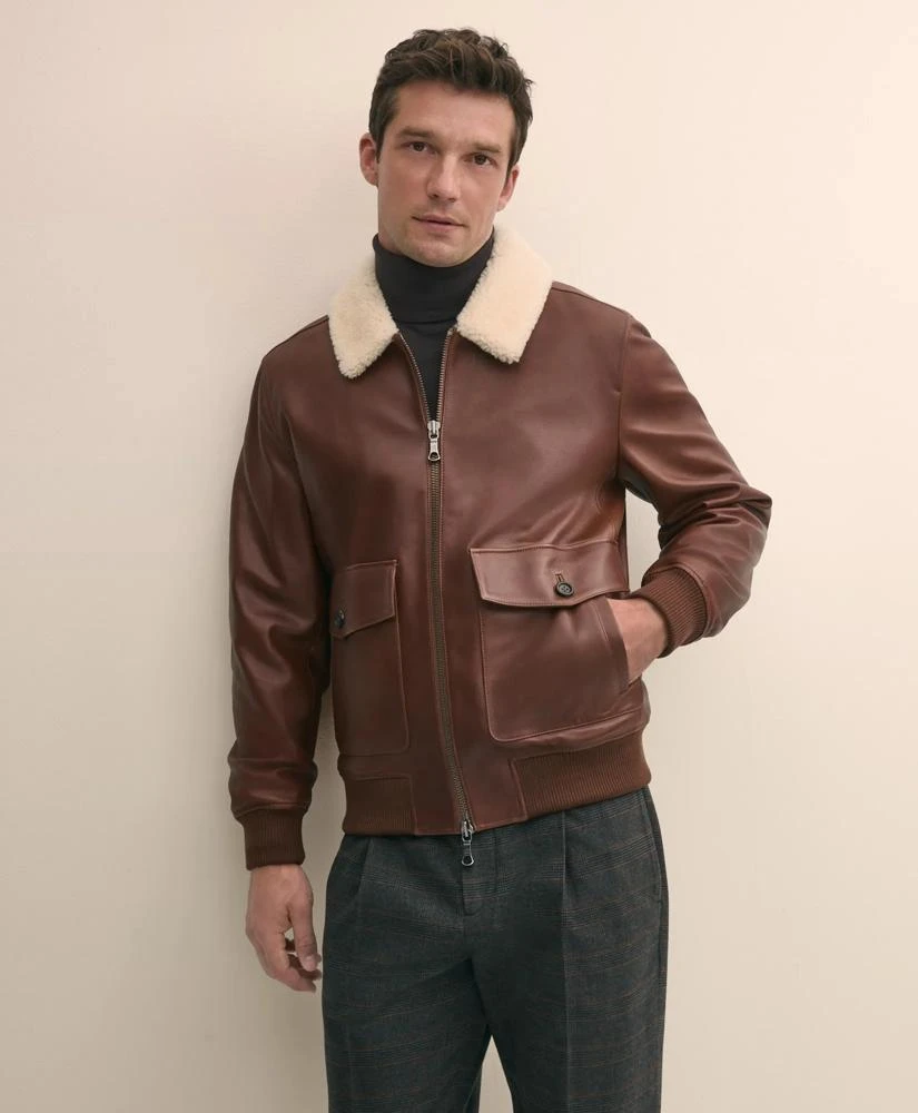 Brooks Brothers Washed Leather Bomber Jacket With Shearling Collar
