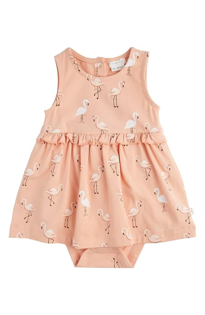 Petit Lem Flamingo Print Stretch Organic Cotton Skirted Bodysuit 1