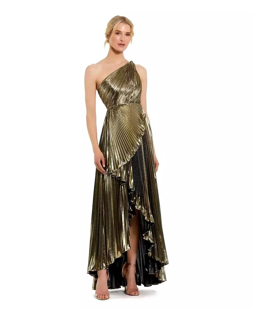 Mac Duggal Women
s Pleated Metallic One Shoulder High Low Gown