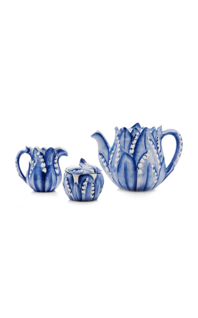 MoDA Moda Domus - Lily Of The Valley Ceramic Teapot; Cream; and Sugar Set - Blue - Moda Operandi