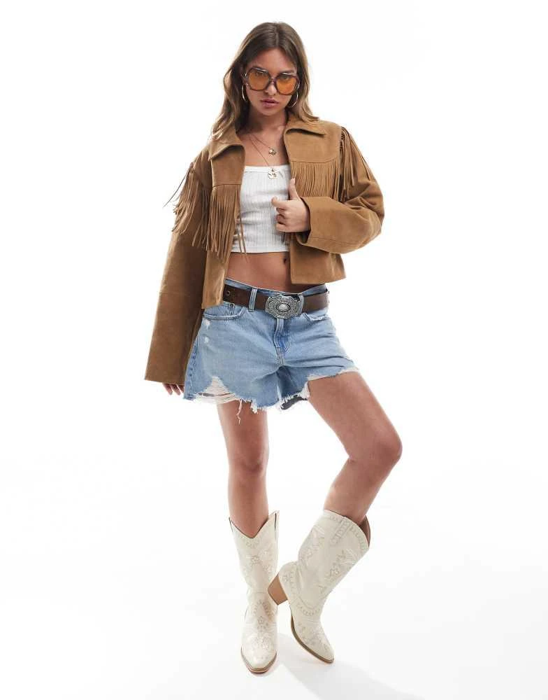 ASOS ASOS DESIGN double breasted real suede fringe jacket in tan 2