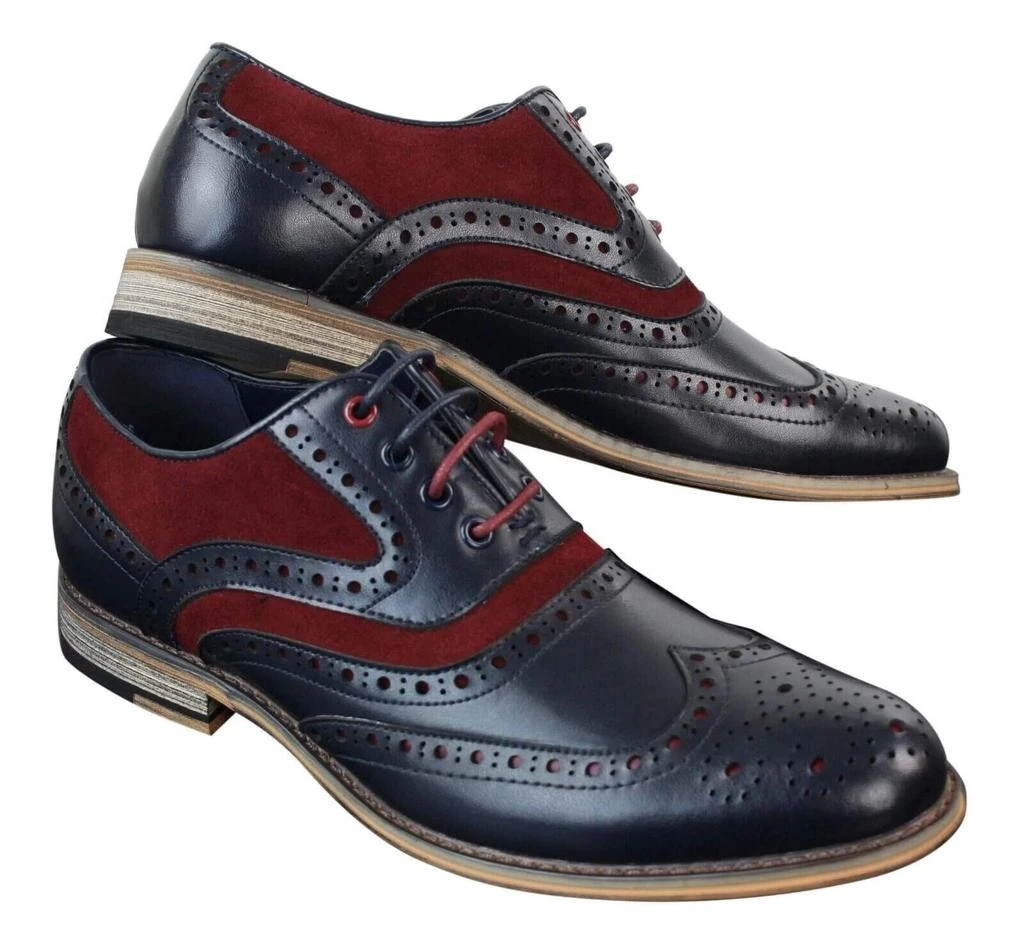 House Of Cavani Mens Classic Burgundy Suede Oxford Brogue Shoes in Navy Leather 2