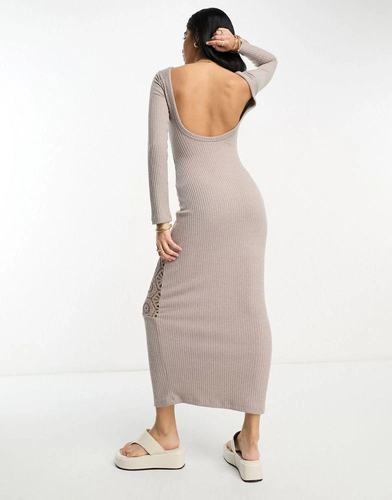 ASOS DESIGN ASOS DESIGN scoop neck midi dress in rib with crochet hem detail in taupe 3