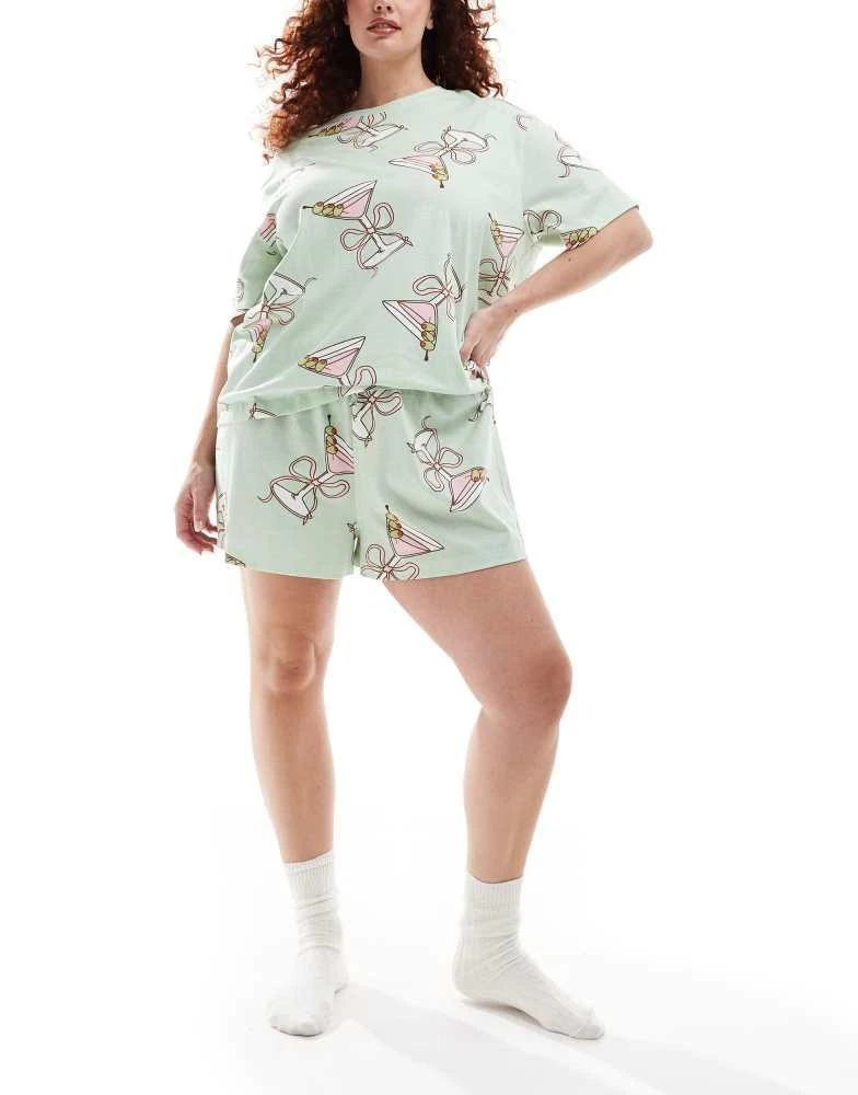 ASOS ASOS DESIGN Curve cocktail glass oversized tee & short pyjama set in green 2