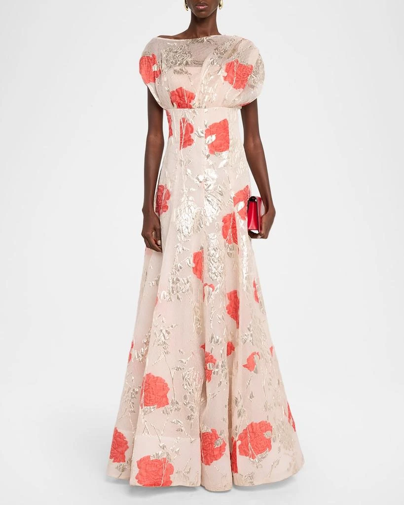 LELA ROSE Metallic Floral Fil Coupe Cap-Sleeve Gown 2