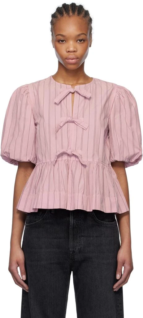 Ganni Pink Cotton Poplin Peplum Tie Blouse 1