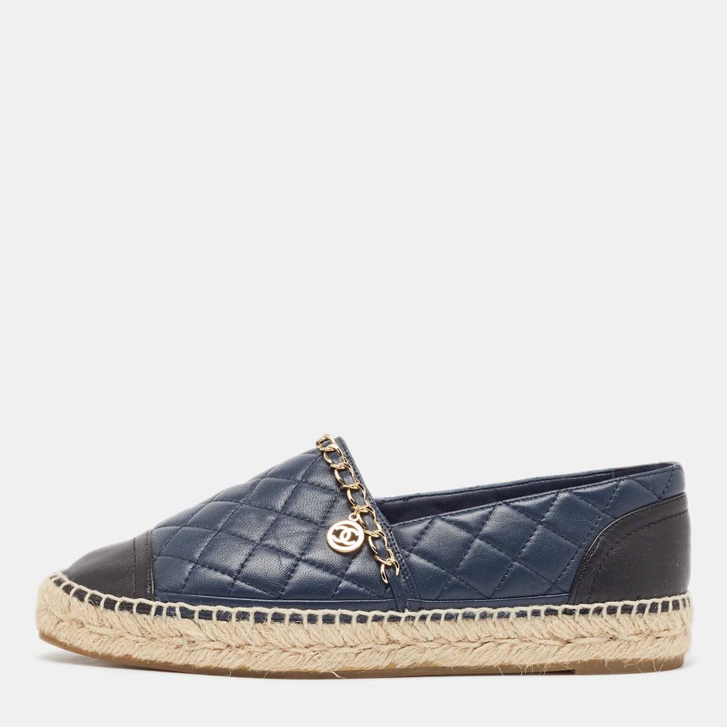 Chanel Chanel Navy Blue/Black Quilted Leather CC Chain Detail Espadrille Flats Size 39