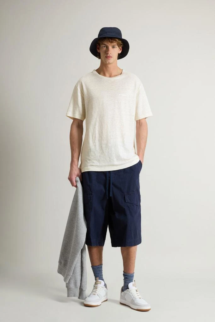 Woolrich Pure Linen T-Shirt with Embroidered Logo - Men - Blue 2