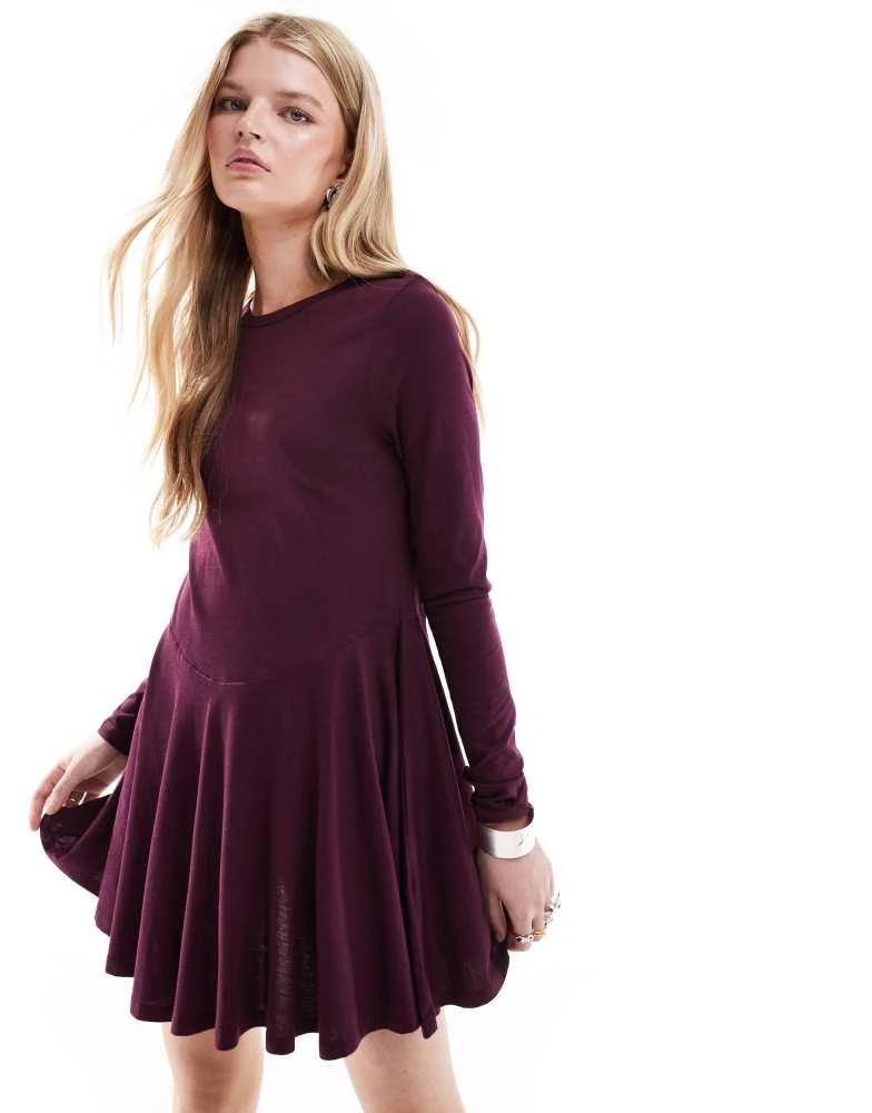 Monki Monki long sleeve mini skater dress in burgundy 4