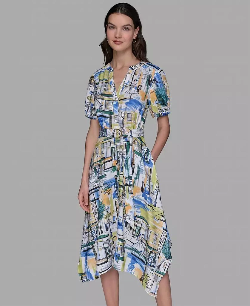 Karl Lagerfeld Paris Women's Printed Paris Scene Belted High-Low Shirtdress 2