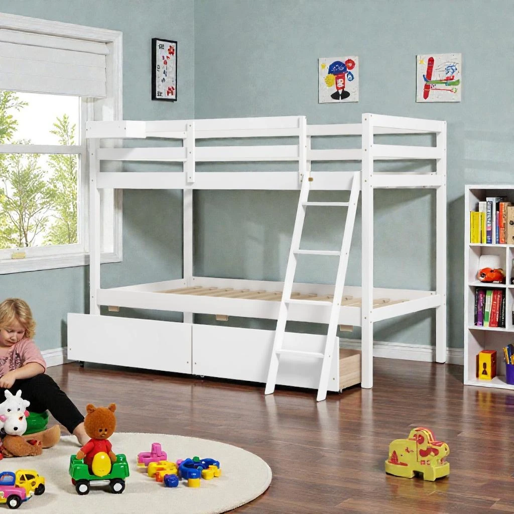 Hivvago Twin-Over-Twin Wooden Bunk Bed with Ladder and Built-In Storage Drawers