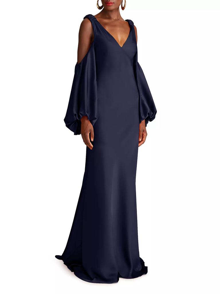 Halston Binnie Satin Balloon-Sleeve Gown